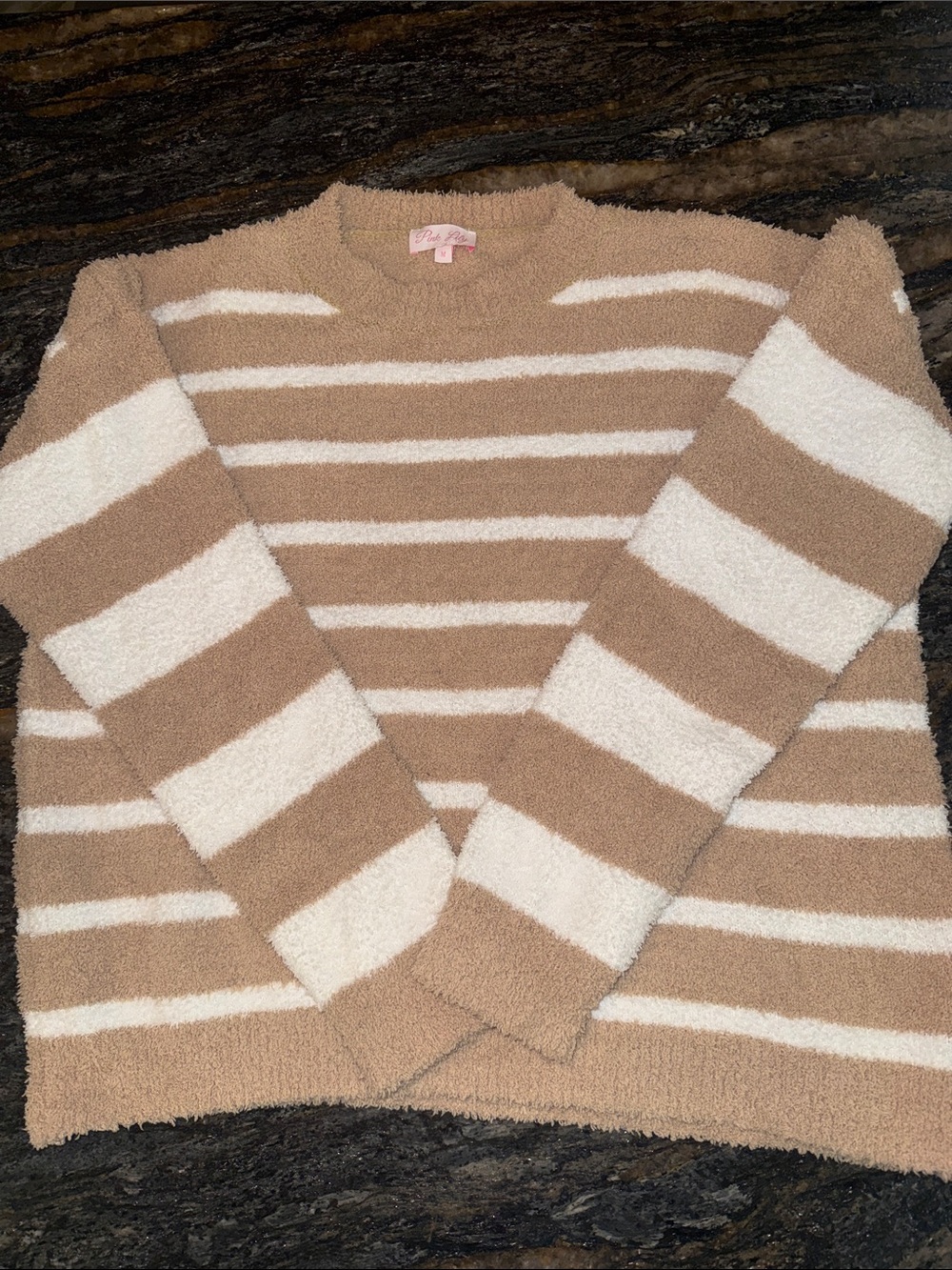 Pink Lily Striped Crewneck Sweater in Tan & Cream